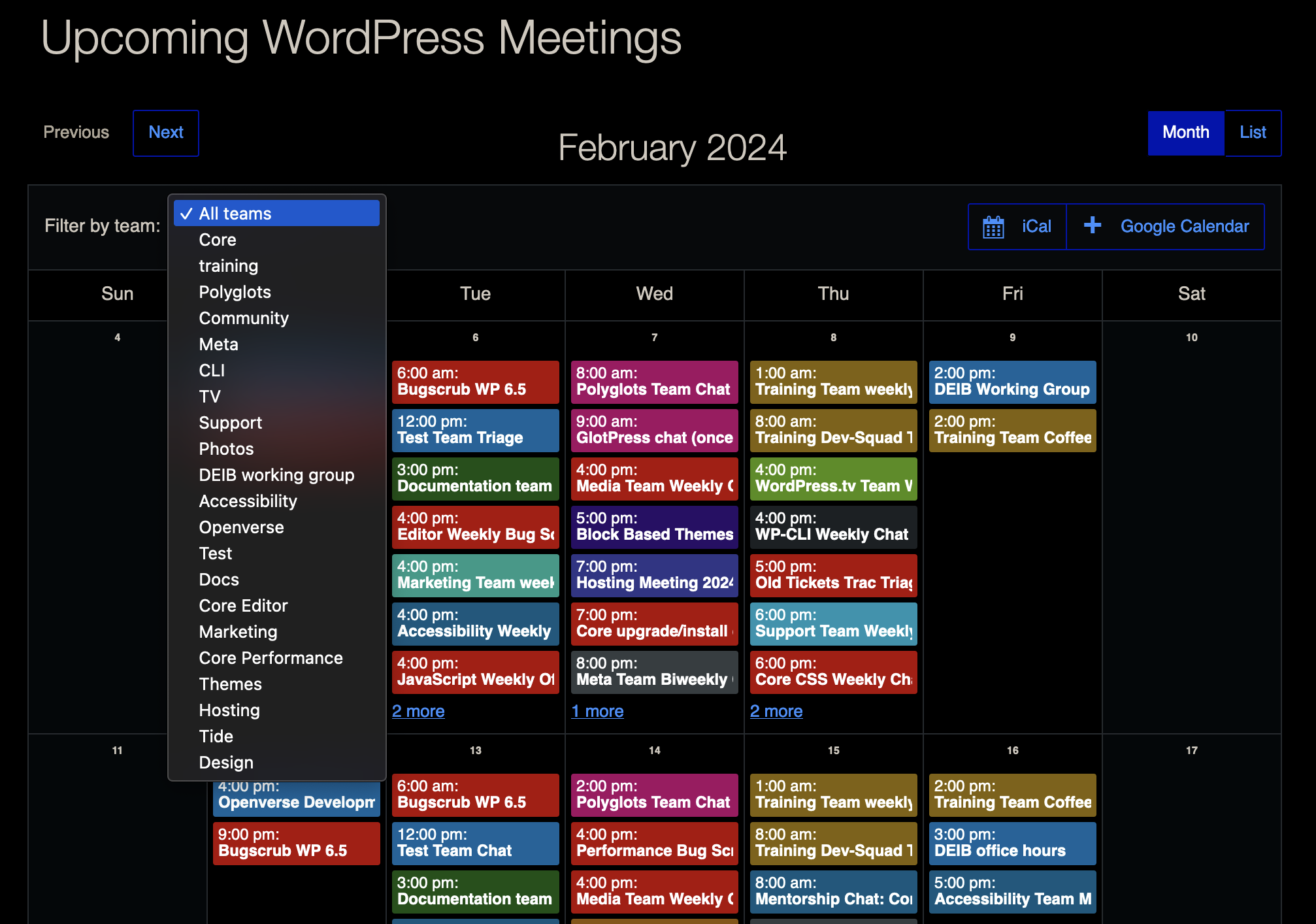Calendar view of the WordPress.org community meetings