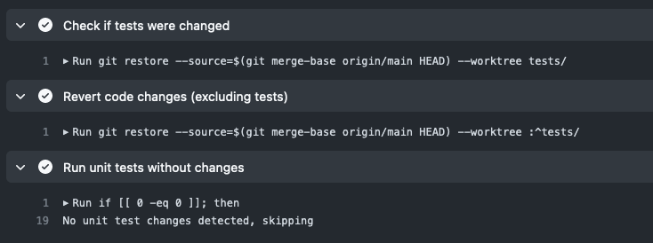A screenshot of a Github Action that skipps testing without the unit test changes because no new unit test was added