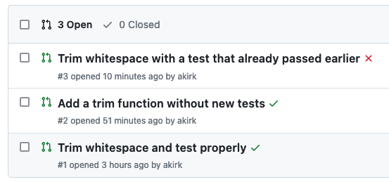 3 Pull requests of which one fails the unit tests