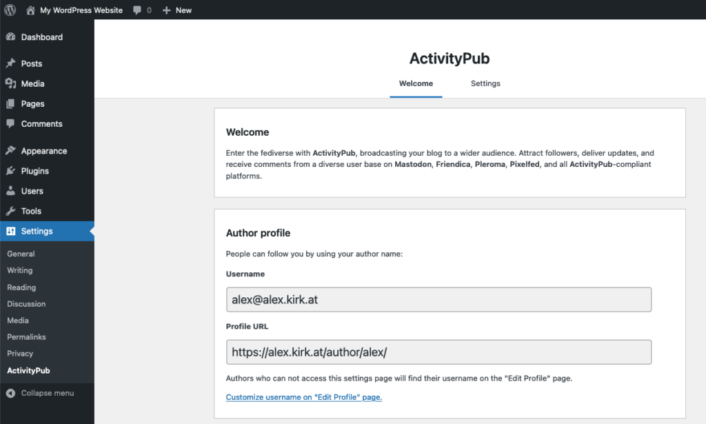 Screenshot of the ActivityPub Admin Screen