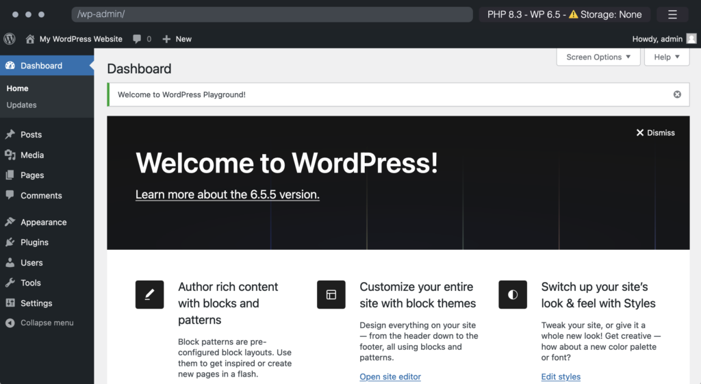 WordPress showing an admin notice: Welcome to WordPress Playground!