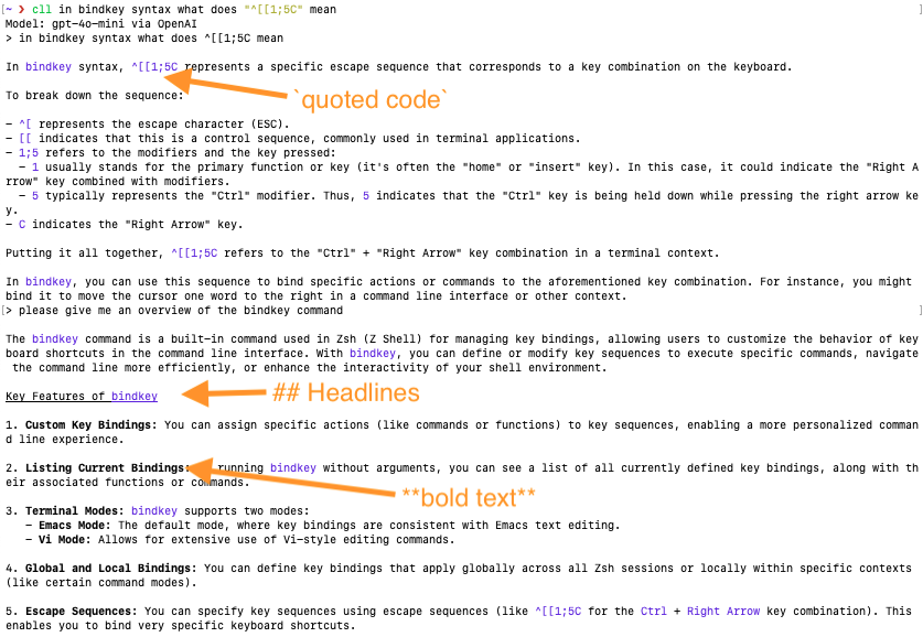 A screenshot of the CLL tool that shows formatted output for headlines, quoted code and bold text