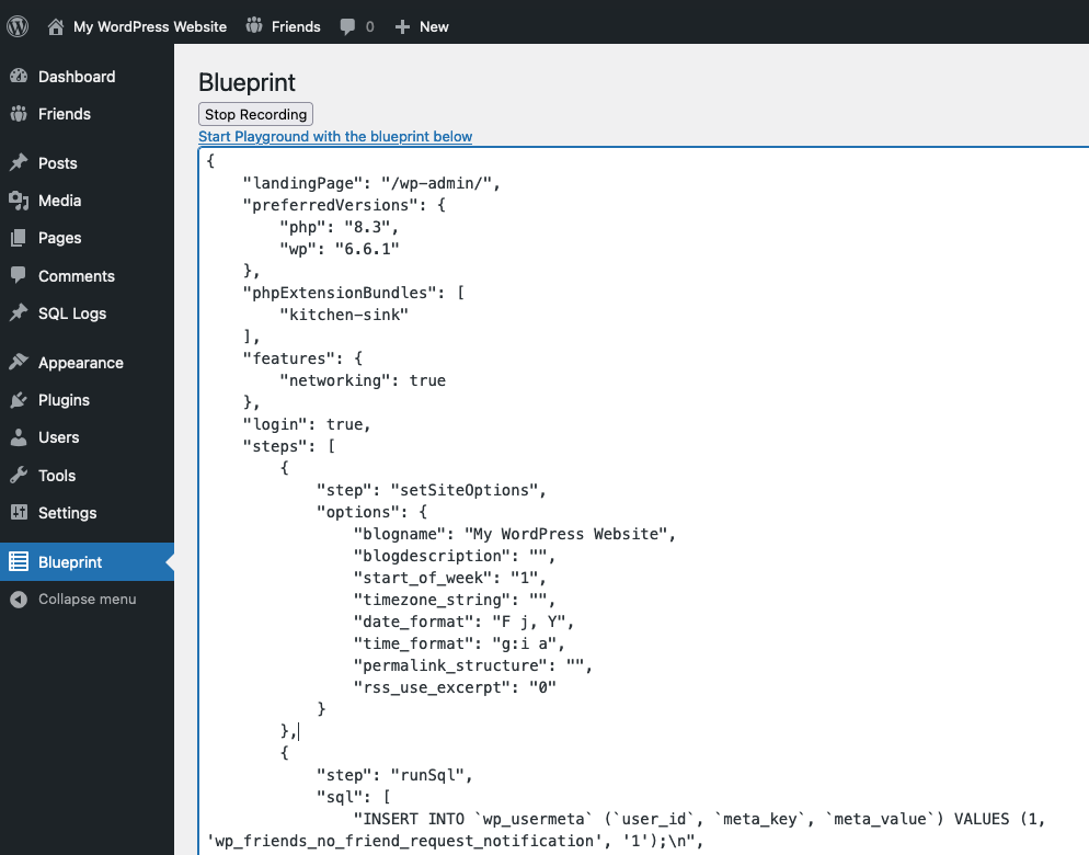 A screenshot of WordPress playground showing an admin page that shows a blueprint JSON