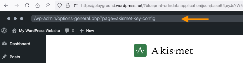 A screenshot of Playground with its fake addressbar that shows the wp-admin URL of a plugin