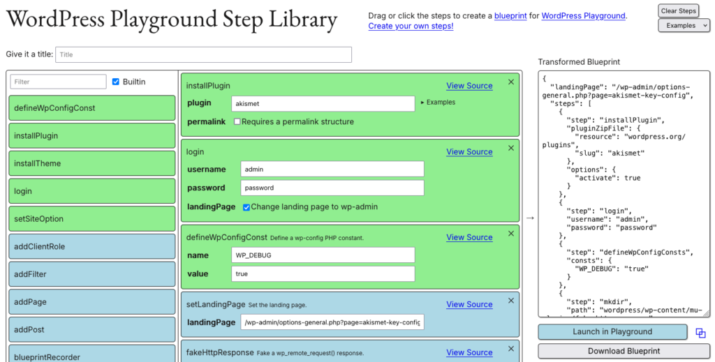 A screenshot of the Step Library with a list of steps on the left, the selected steps in the middle and the transformed blueprint on the right along with a button to launch playground