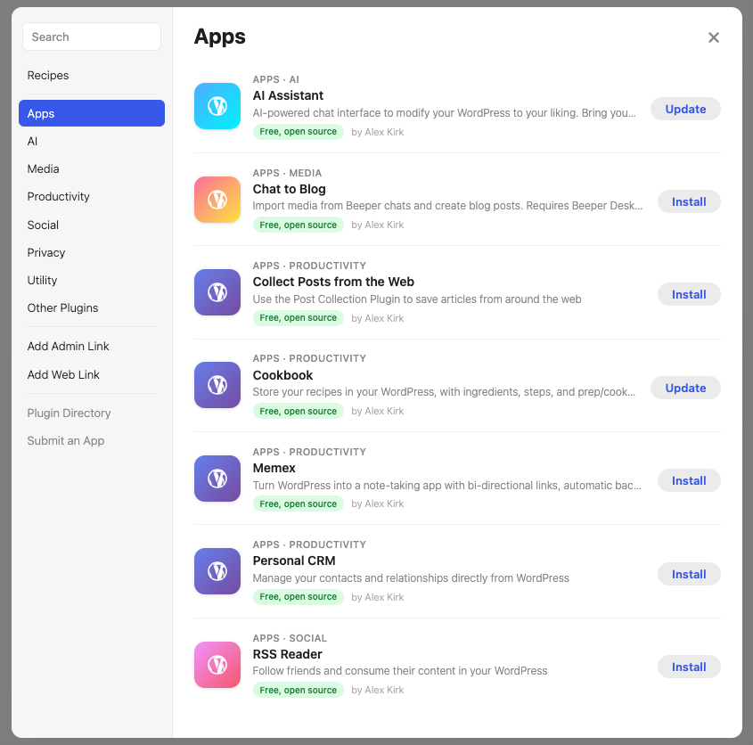 AI Assistant — AI-powered chat interface to modify your WordPress to your liking. Bring your own key or use a local LLM
Chat to Blog — Import media from Beeper chats and create blog posts. Requires Beeper Desktop running.
Collect Posts from the Web — Use the Post Collection Plugin to save articles from around the web
Cookbook — Store your recipes in your WordPress, with ingredients, steps, and prep/cook times. Paste a URL to pull a recipe in from the web.
Memex — Turn WordPress into a note-taking app with bi-directional links, automatic backlinks, daily notes, tags, and reminders. Import notes from Obsidian, Notion, Evernote, or Roam Research with one click.
Personal CRM — Manage your contacts and relationships directly from WordPress
RSS Reader — Follow friends and consume their content in your WordPress