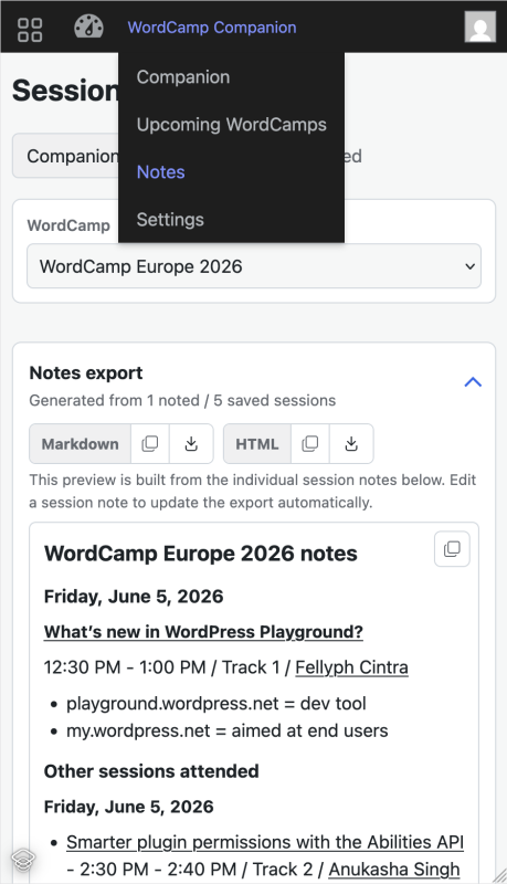 The notes export screen featuring a preview of the notes
