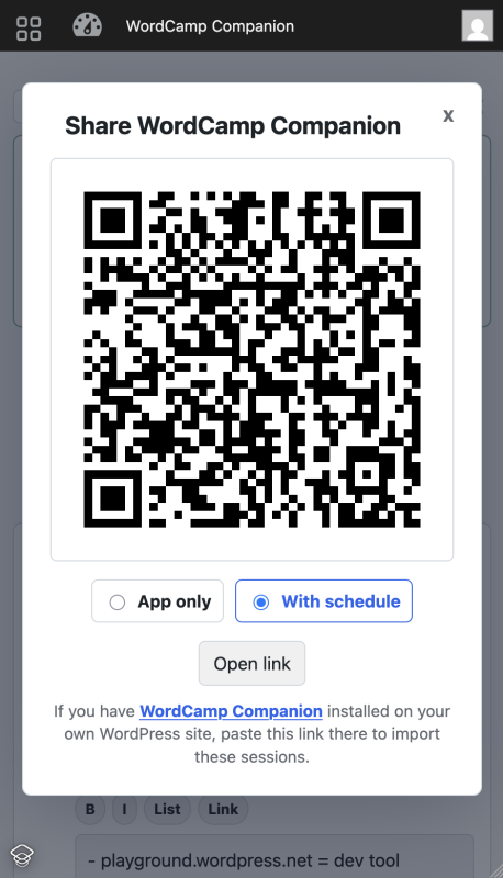 A QR code of a link that contains the wordcamp + shared schedule