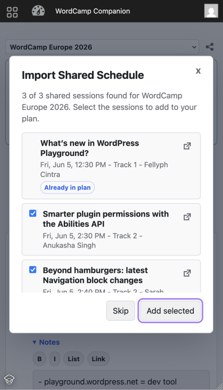 Import Shared Schedule screenshot showing checkboxes of what can be added to your schedule
