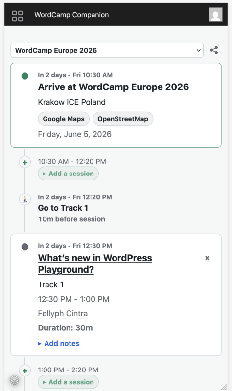 Timeline view of WordCamp Companion