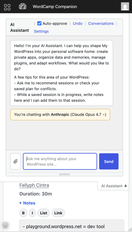 AI Assistant shows tips of what it can do for you with regards to the WordCamp Companion