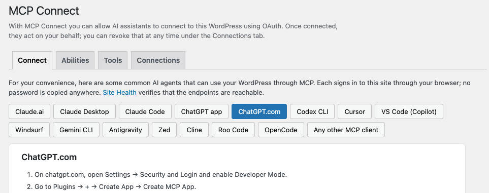 Instructions for connecting an AI assistant to WordPress with the MCP Connect plugin