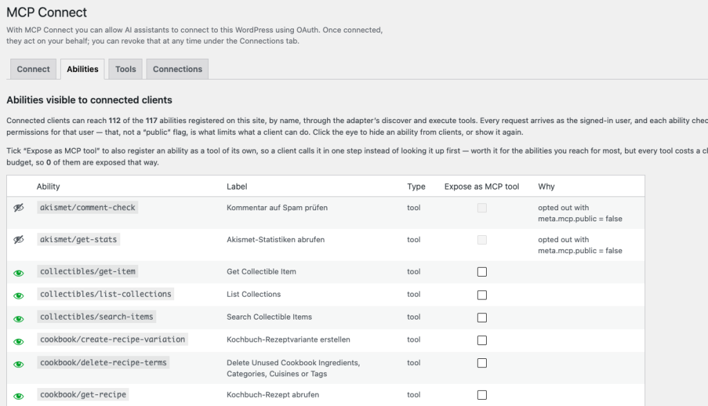 A screenshot of the Abilities screen in the MCP Connect plugin, where access to abilities can be limited