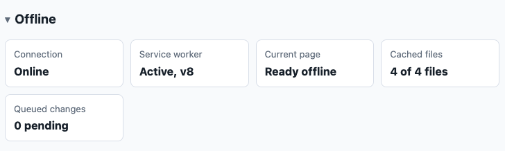 Connection: Online. Service worker: Active, 8. Current page: Ready offline.