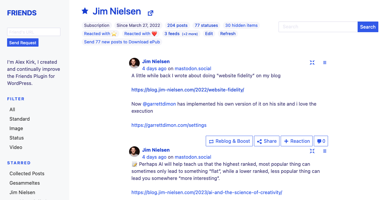 Status feed view of Jim Nielsen