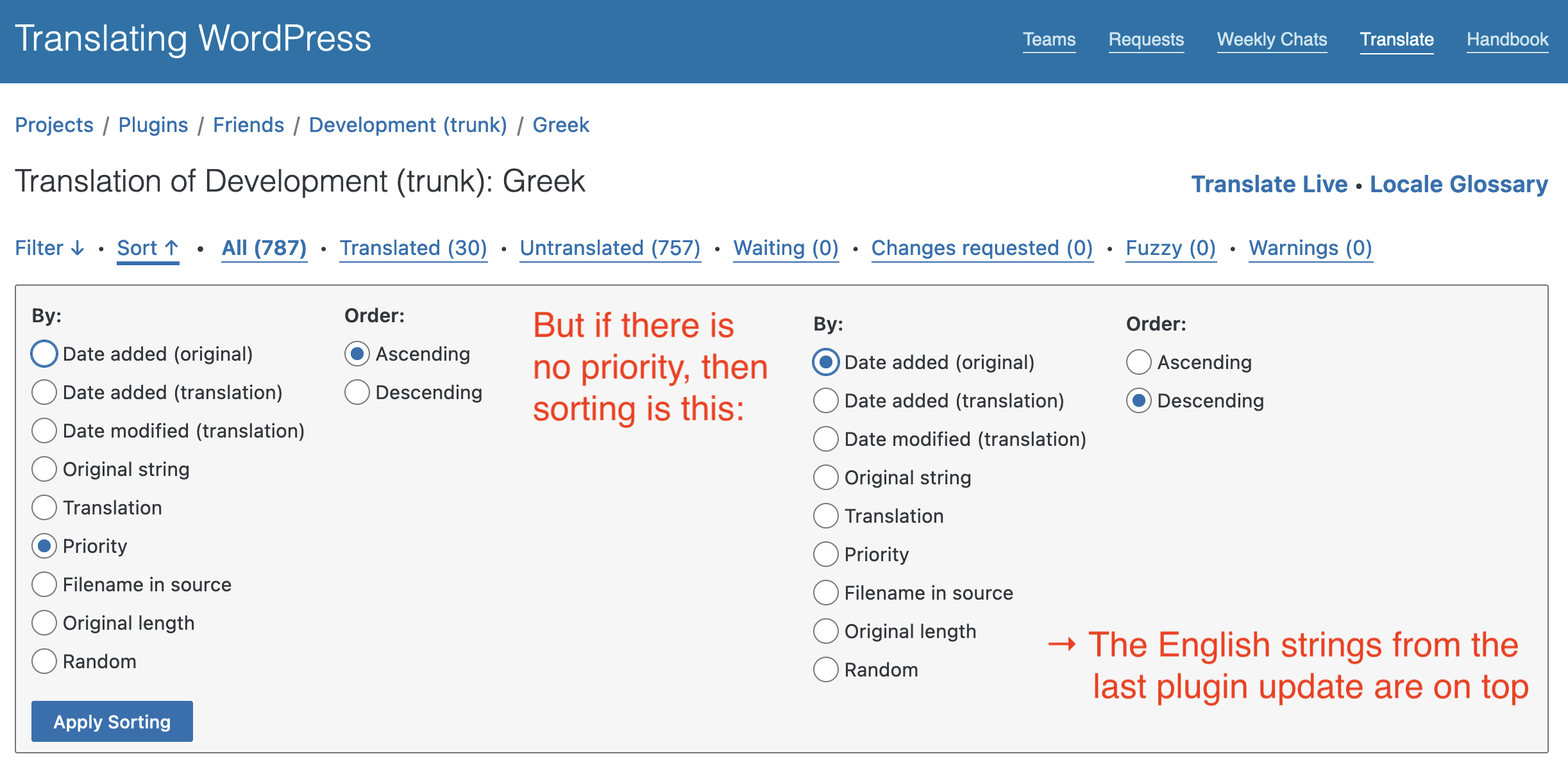 Default sort of translate.wordpress.org is by Priority but also by newest Original