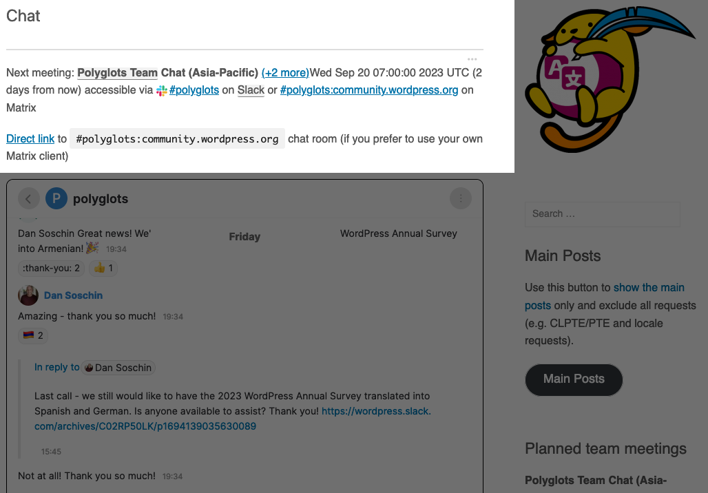 Making WordPress Polyglots Team chat page with highlighted upper section containing the next meeting time