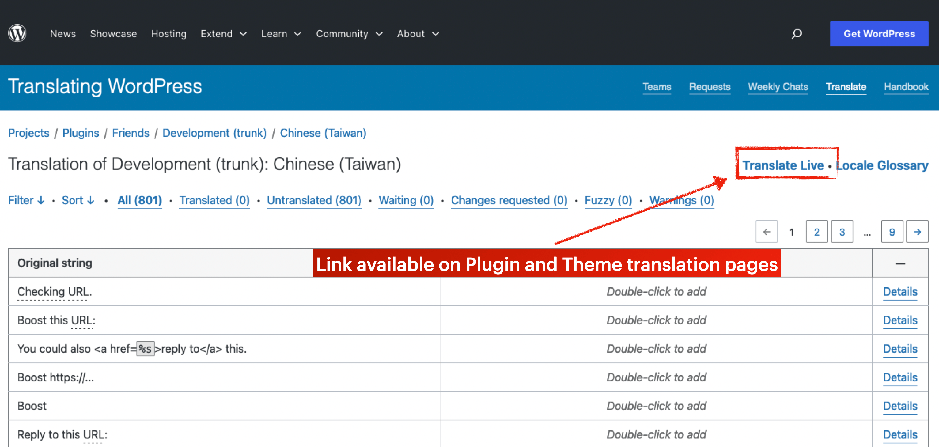 A screenshot of the translation table interface on translate.wordpress.org, with the Translate Live link highlighted on the top right