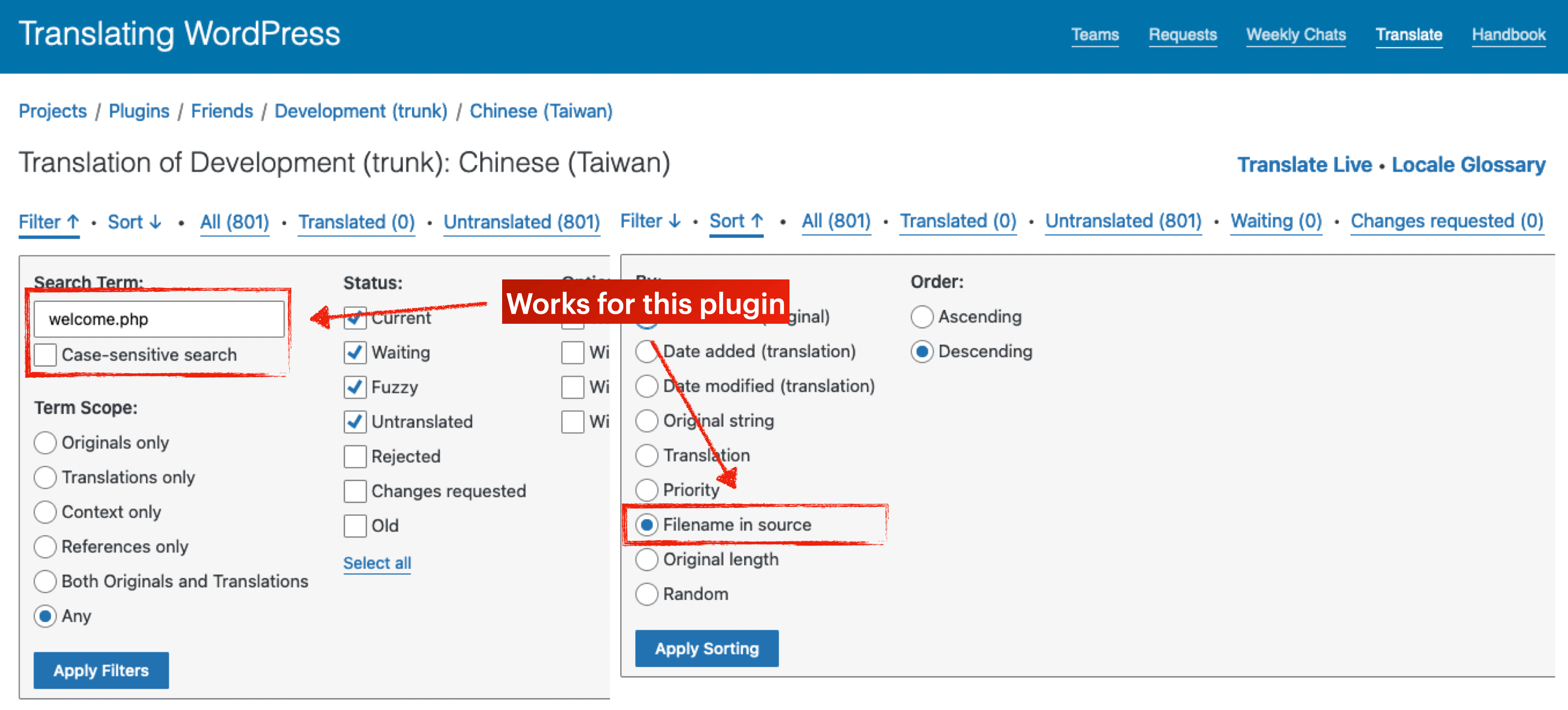 The updated filter sections highlighted with a search for filename welcome.php, stating that this works for this plugin