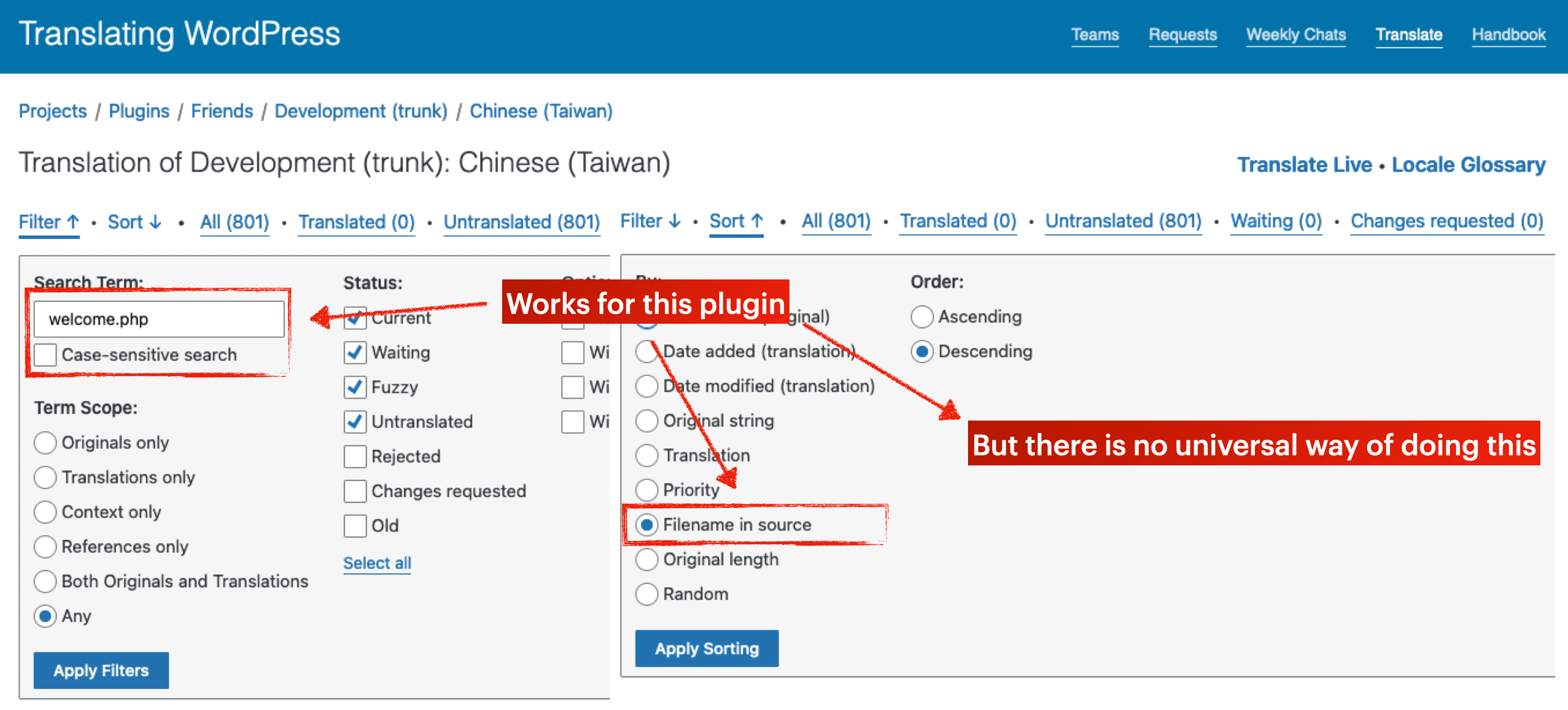 The updated filter sections, stating that these filters work for this plugin but there is no universal way of doing this