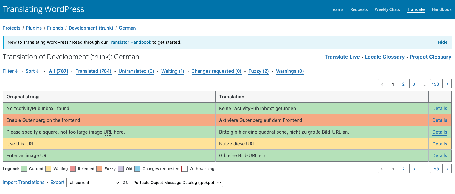 The GlotPress UI with strings already translated