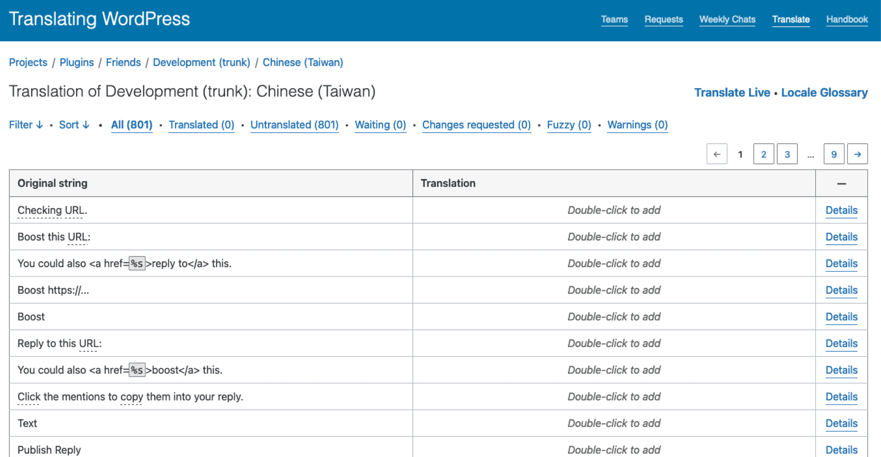 A screenshot of the translation table with strings to translate on the left and space for translation on the right