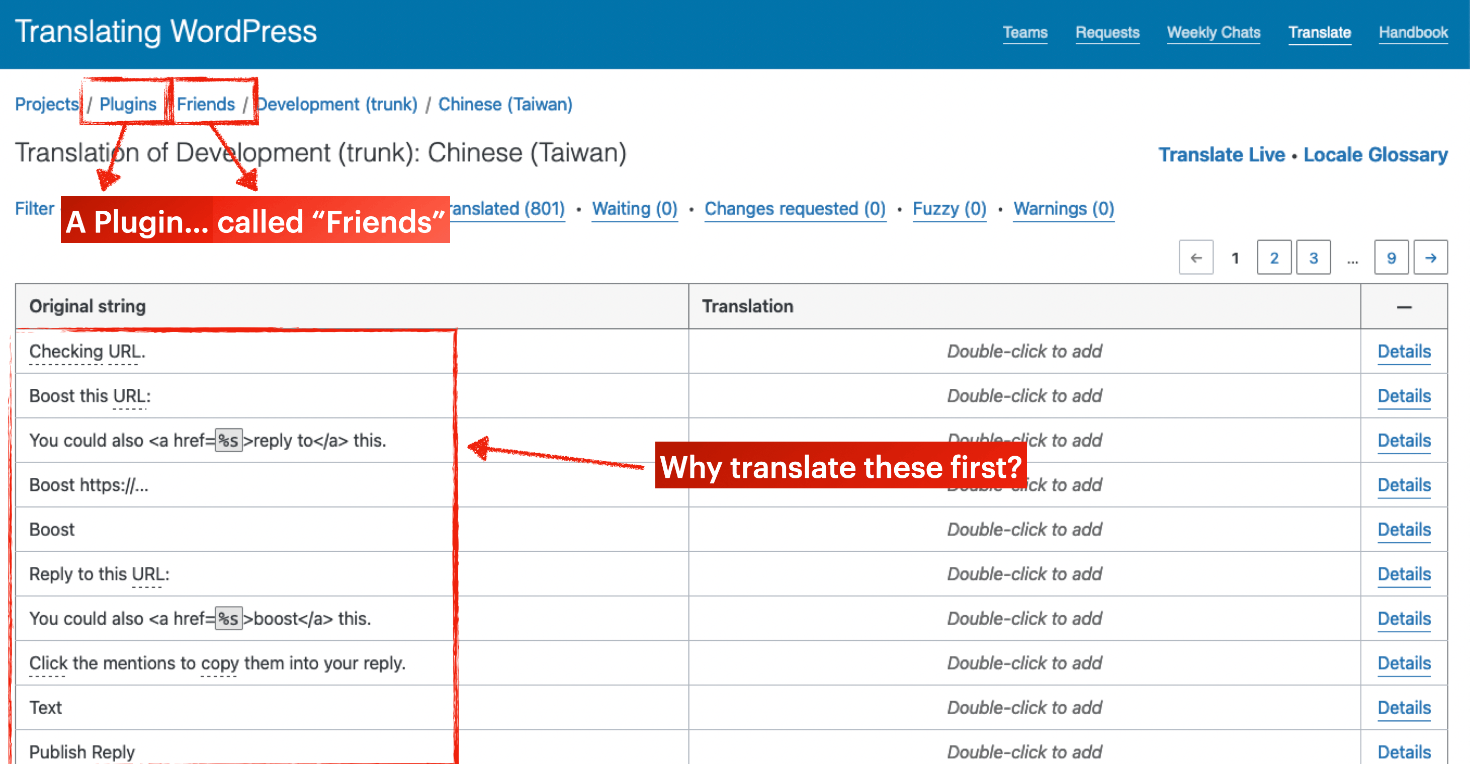 Highlighted column of translations → why translate these first?