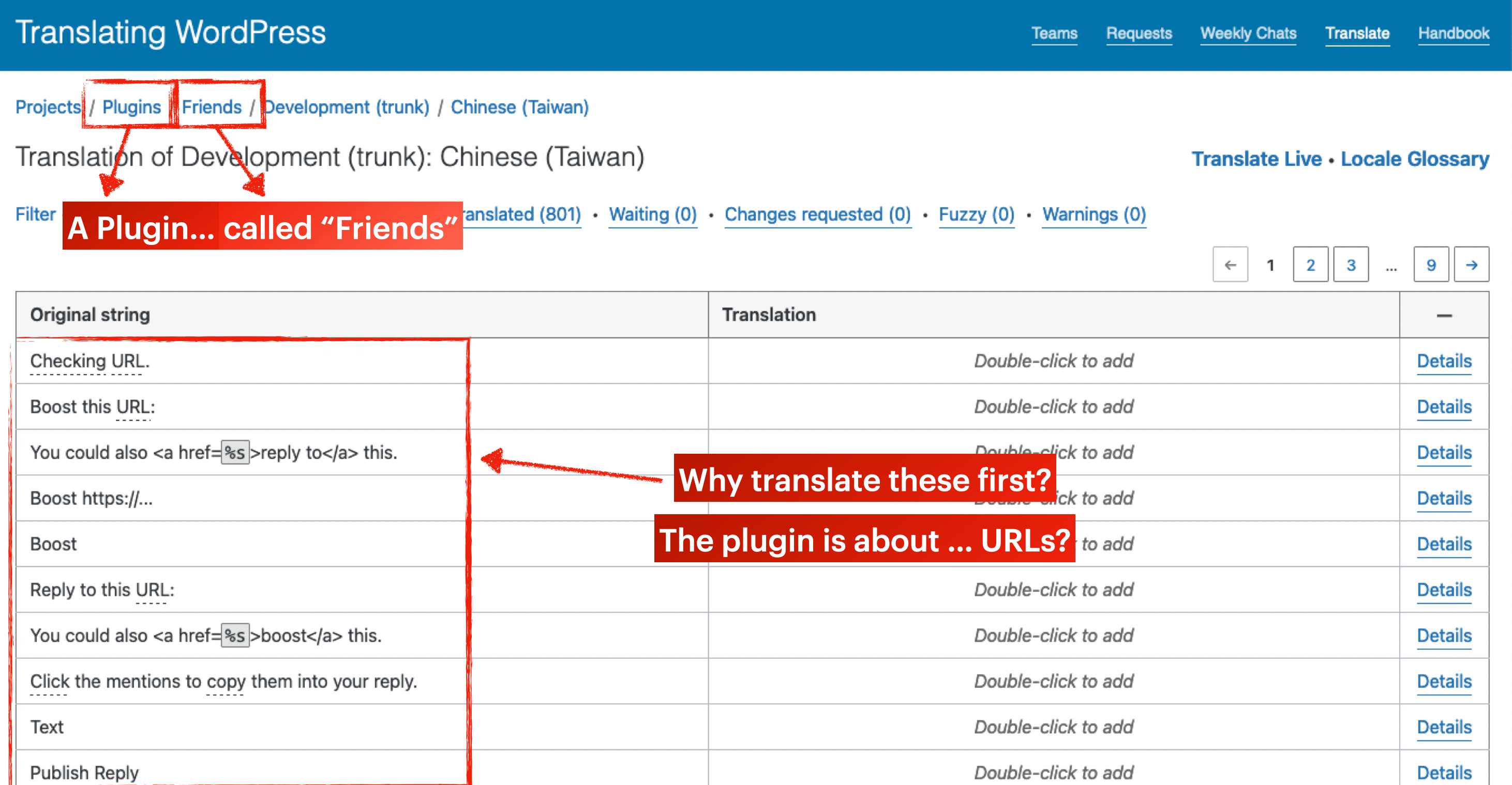 Highlighted column of translations → why translate these first? The plugin is about URLs?