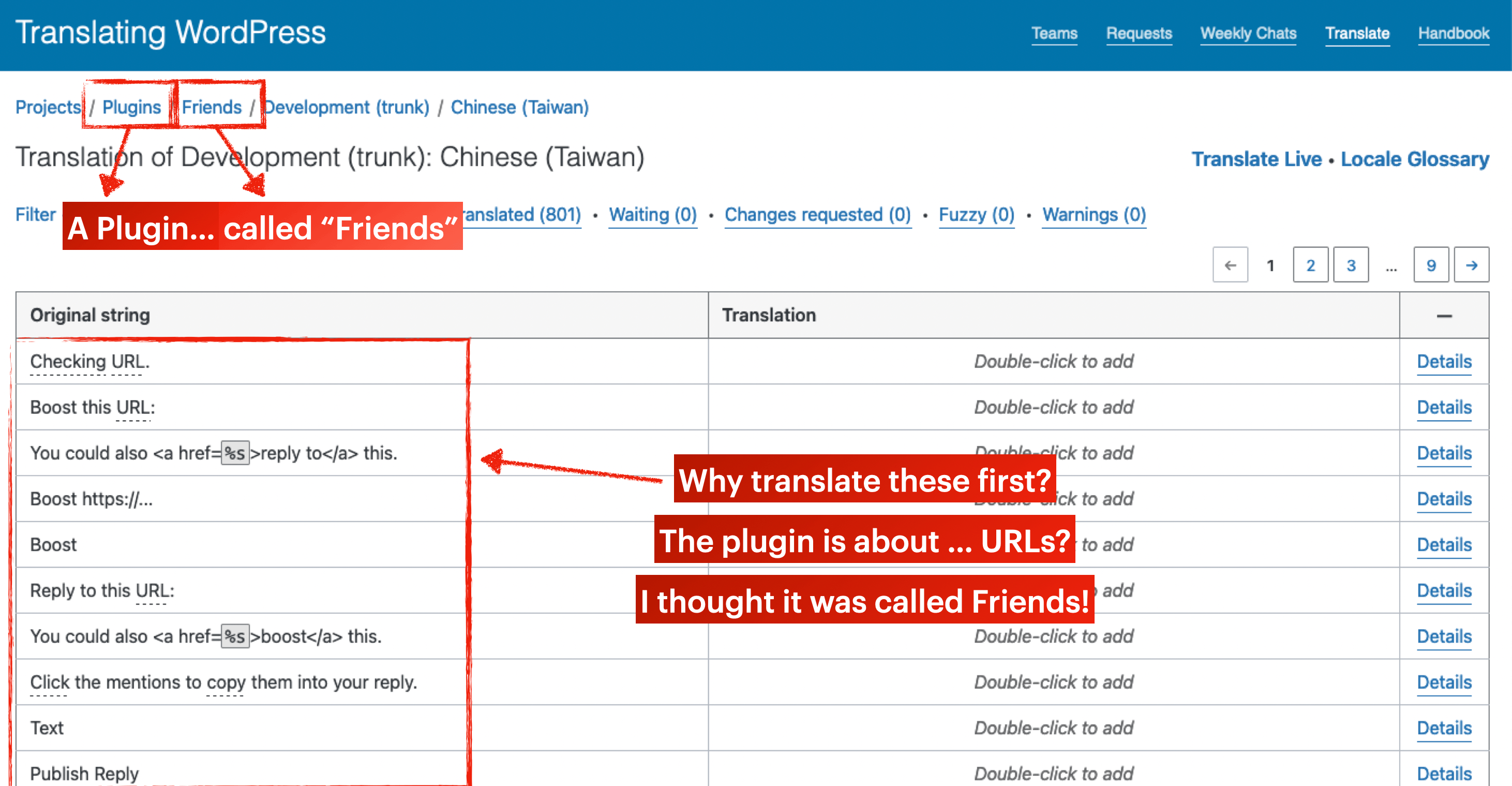 Highlighted column of translations → why translate these first? The plugin is about URLs? I thought it was called Friends