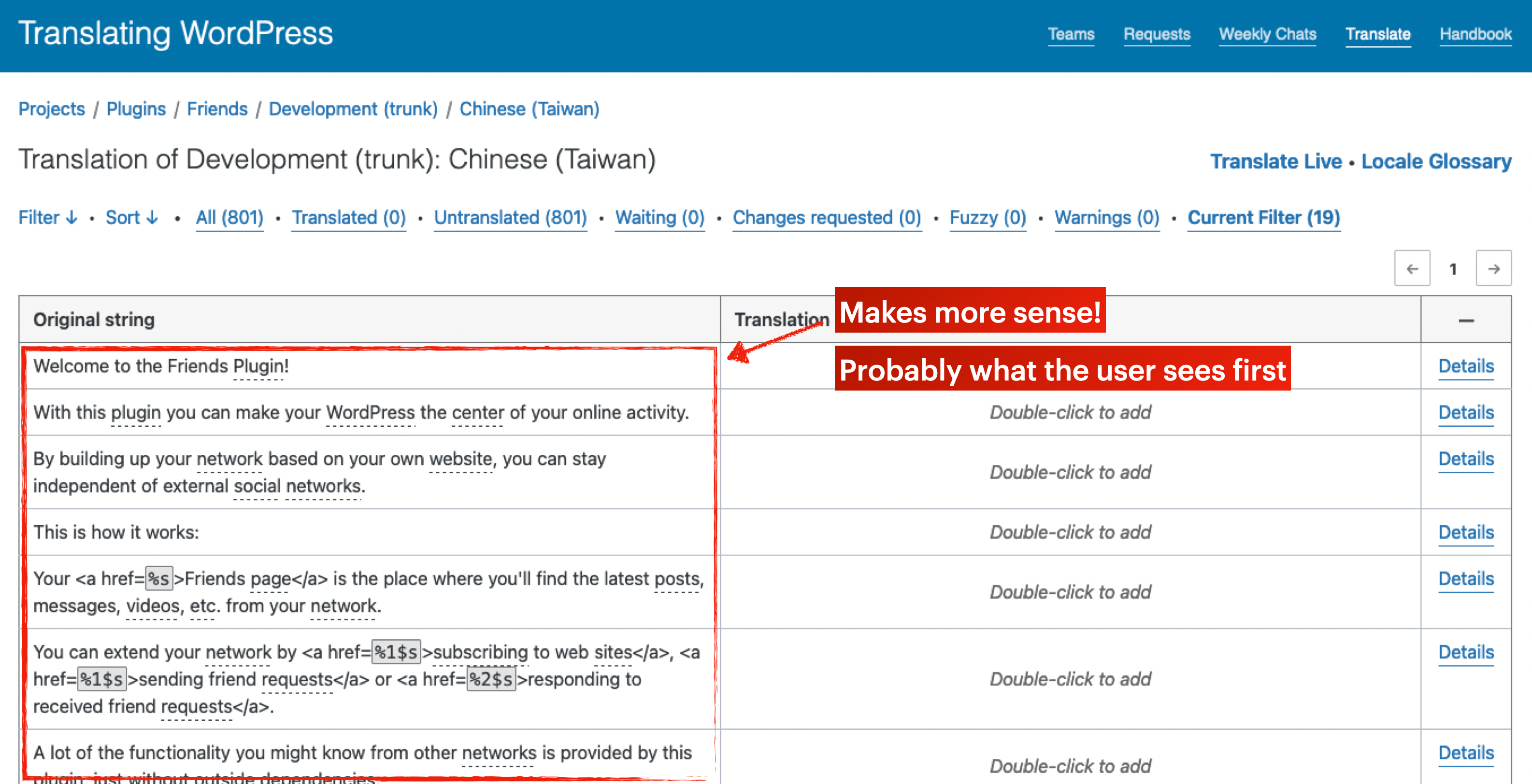 A screenshot of the more useful translation table with the strings section highlighted: makes more sense! Probably what the user sees first